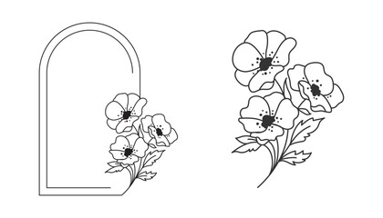 Vector floral branch and elegant arched wreath line art, floral wreath monogram, botanical arched frame, minimal thin outline flower design, delicate hand-drawn floral elements, vector illustration