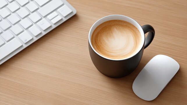 A black coffee cup with latte art sits on a wooden desk beside a white keyboard and wireless mouse.