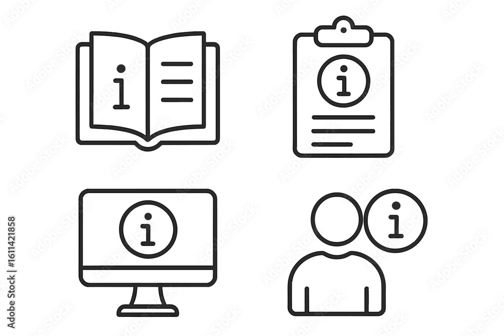 Poster information and instruction vector icon set. linear icons for help and support. user manual, guide, 