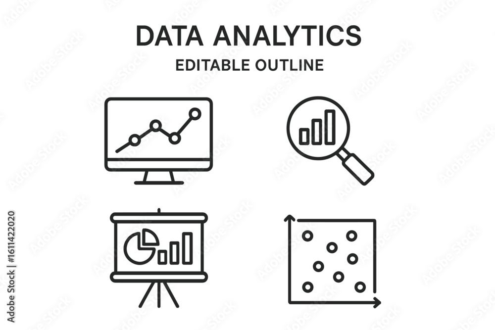 Poster data analytics line icon set. business intelligence and statistics concept. chart, graph, report, an