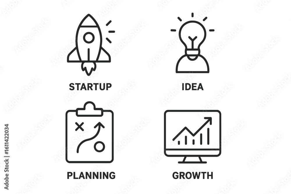 Aufkleber startup business process icons. conceptual linear set for new venture development. includes rocket f