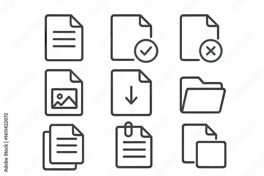 Poster document and file management line icon set. vector collection of thin outline symbols for web and ap