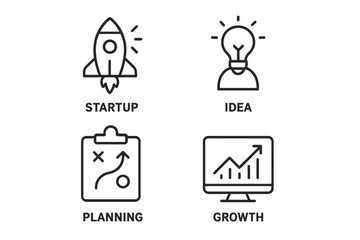 Obraz premium Startup business process icons. Conceptual linear set for new venture development. Includes rocket for launch, lightbulb for idea, strategy for planning, and chart for growth.