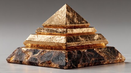 Elegant Marble Pyramid Sculpture in Warm Gold and Brown Tones on Gray Background