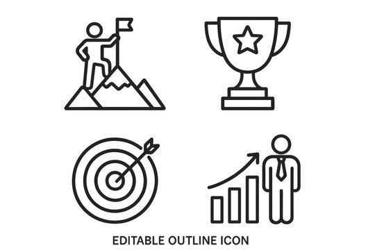 Business success and achievement vector icon set. Career growth and reaching goals. Leadership, winning a trophy, hitting a target. Man on mountain peak. Editable outline icons.