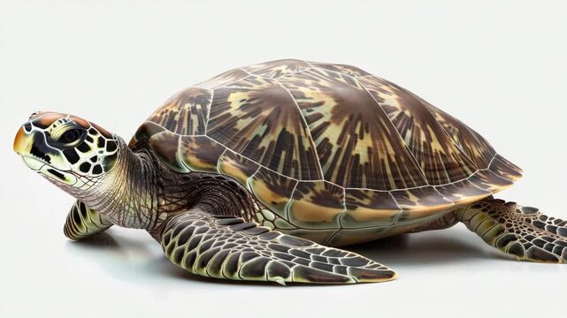 A sea turtle with a green shell and black spots crawling towards the camera.