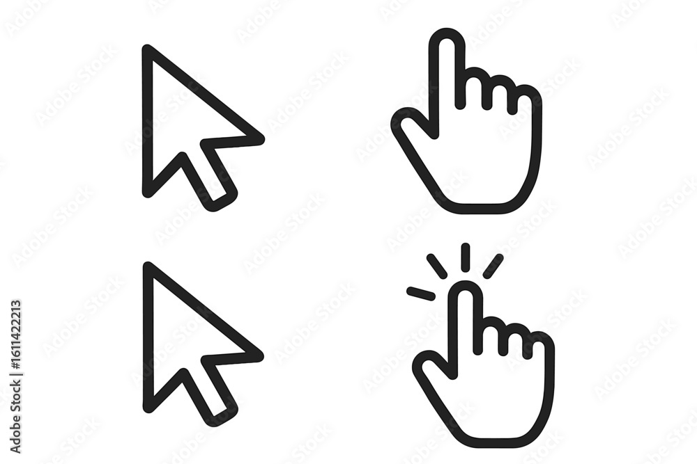 Poster computer mouse cursor icon set with arrow and hand pointer. click and select gesture symbol for web 