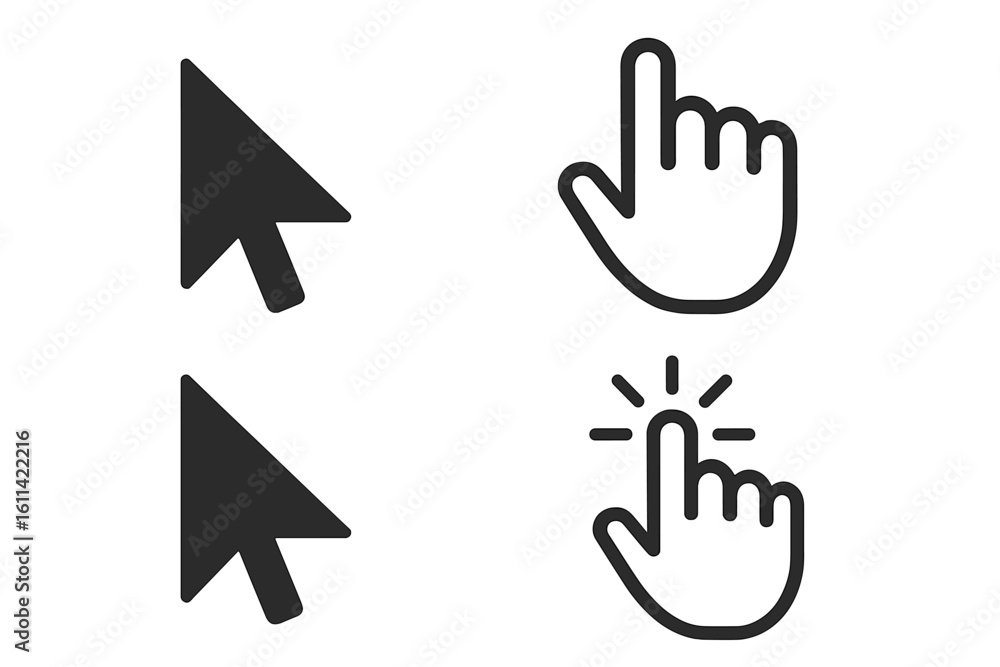 Poster set of computer mouse cursors with arrow and hand pointer icons. vector click symbol collection for 