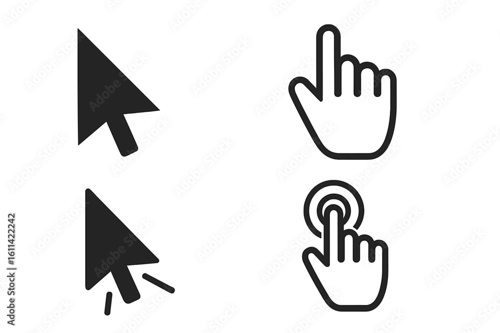 Poster flat vector cursor icon set. computer mouse arrow and hand pointer collection. includes click, tap, 