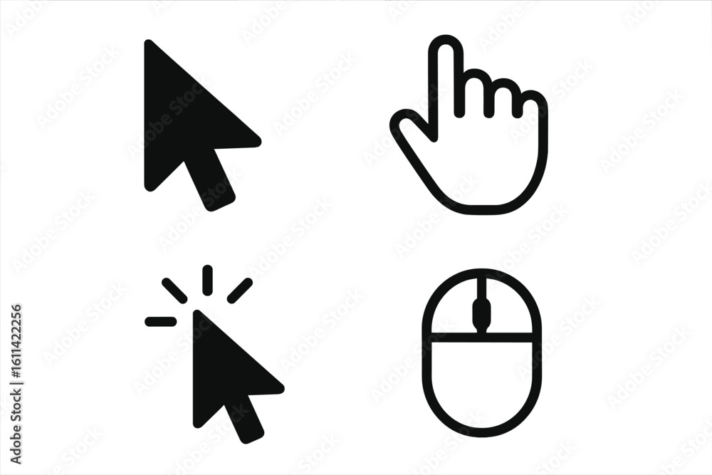 Poster cursor icon set for web navigation. vector computer mouse pointer, arrow, and hand symbol. click ges