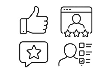 Feedback and review line icon set. User rating and customer satisfaction symbols. Thumbs up, star rating, survey, and comment icons for web and app interface design.