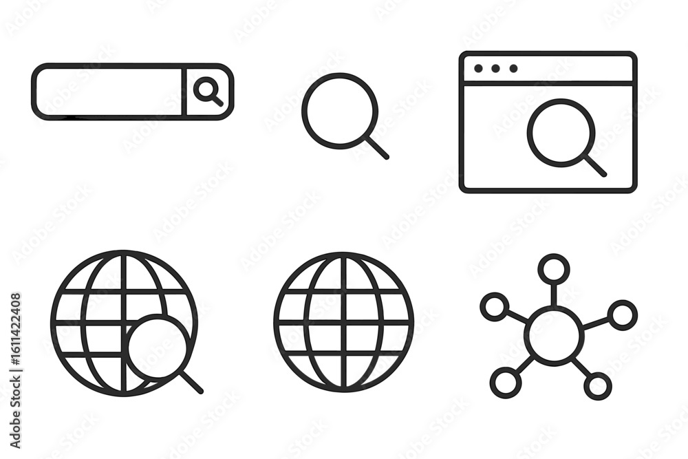 Poster search icon set in thin line style. web browser, internet, magnifying glass, and global network symb