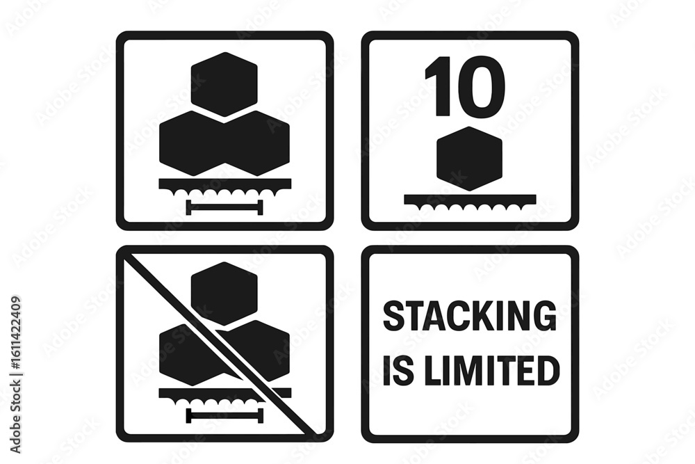 Poster set of packaging and cargo handling symbols. stacking is limited by weight or quantity. do not stack