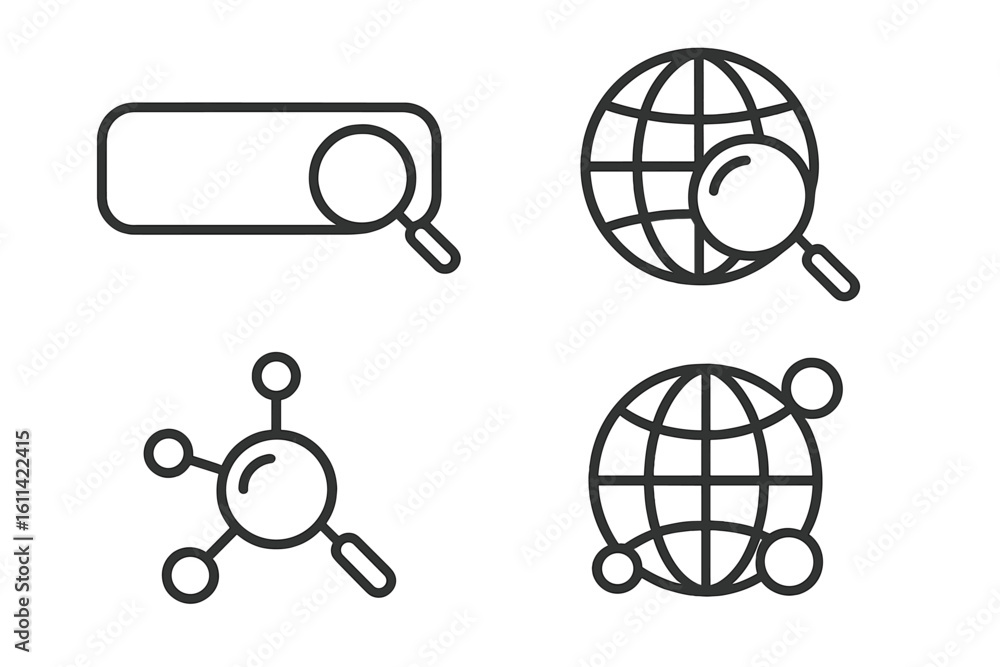 Poster web search icon set with magnifying glass. includes concepts like internet browsing, global network 