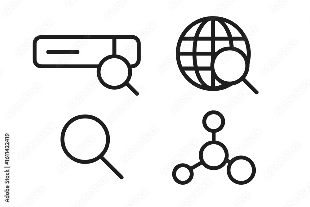 Poster search icons set in thin line style. web and internet search bar, magnifying glass, global world and