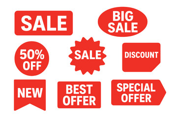 Red sale stickers set. Big sale, discount and special offer vector badges. Promotional price tags for retail advertising. New arrival and 50% off labels for shops.