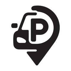 A black and white parking location icon with car and letter p inside