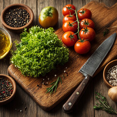 Ingredients for a simple but tasty mixed salad: green curly salad, tomatoes and pepper