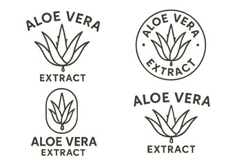 Aloe vera extract logo set. Stamps for cosmetic packaging. Natural plant icon for beauty product label. Skincare symbol with juice drop. Organic ingredient badge vector design.