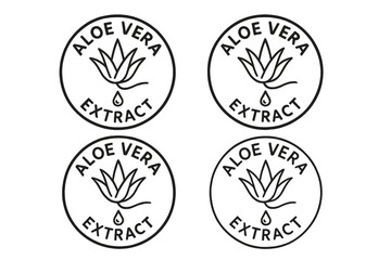 Aloe vera extract icon set. Natural cosmetic ingredient stamps. Skincare product packaging label. Organic plant symbol. Line art badge with drop. Vector illustration.