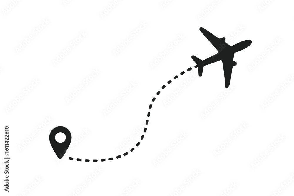 Poster airplane flight path icon. travel from start point to destination. dotted line route with location p