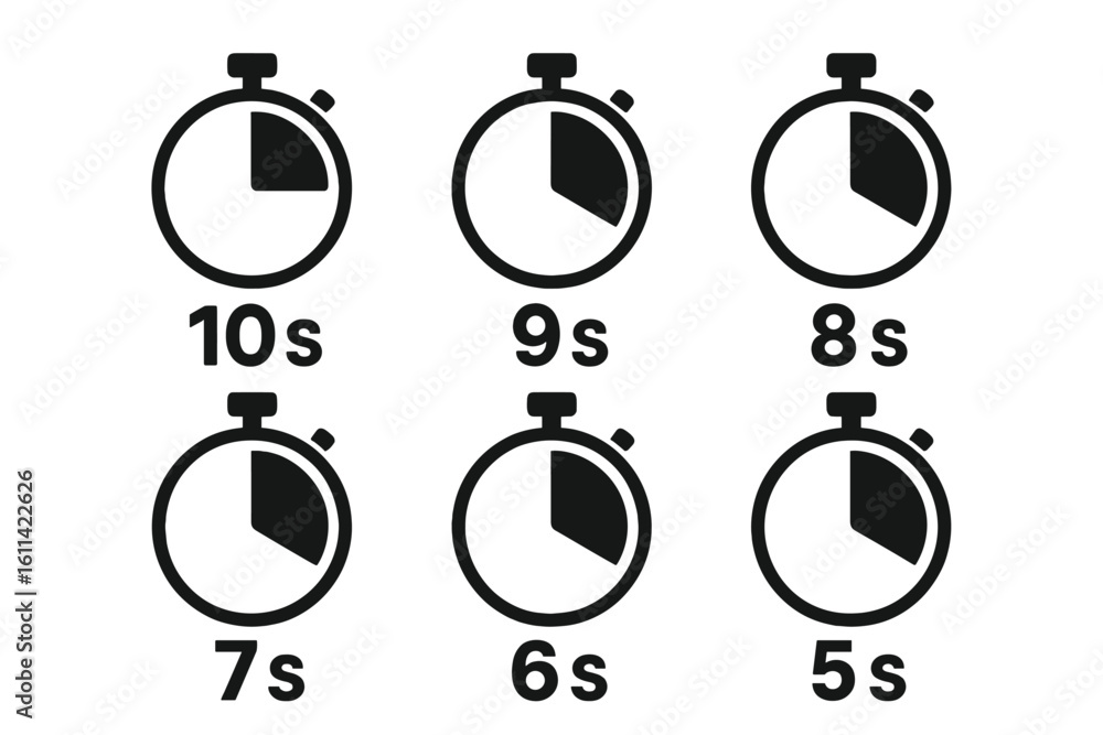 Poster timer and stopwatch icon set. countdown clock symbol collection from 10 to 5 seconds. simple flat ve