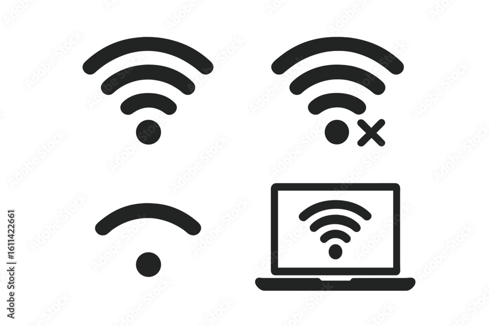 Poster wi-fi icon set. wireless network signal strength, no connection, weak signal and laptop computer scr
