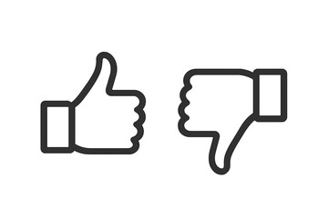 Thumb up and thumb down line icons. Like and dislike symbol set. Positive and negative feedback concept. Hand gesture for approval, disapproval, rating or social media vote.
