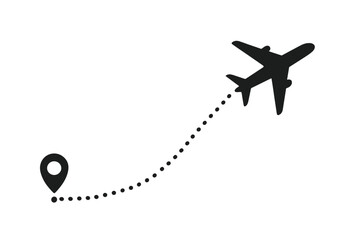 Airplane flight route with start point location pin. Travel by air, journey destination concept. Aircraft path, line icon. Vacation trip navigation symbol vector.