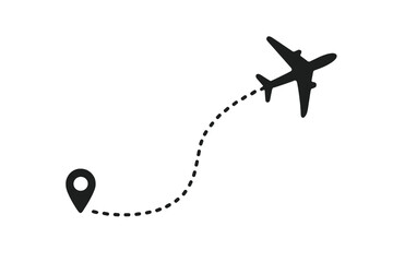 Airplane flight path icon. Travel from start point to destination. Dotted line route with location pin. Journey, trip, vacation, tourism concept. Aircraft track symbol.