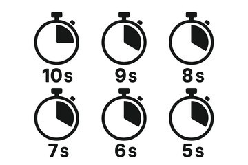 Timer and stopwatch icon set. Countdown clock symbol collection from 10 to 5 seconds. Simple flat vector illustration for user interface UI, web design and apps.