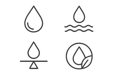 Water drop line icon set. Concepts of pure, natural, and eco friendly water. Symbols for balance, conservation, and ecology. Outline pictograms for web and mobile apps.