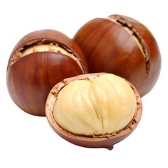 Peeled chestnut showing the kernel inside  isolated on white or transparent png