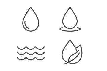 Water drop line icon set. Eco natural clean water concept. Simple outline pictograms for web and mobile. Liquid, wave, leaf and aqua symbols. Vector illustration.