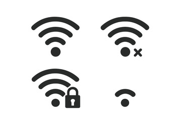 Wi-fi wireless network icon set. Internet connection signal strength symbol collection. Vector of locked, weak, and no connection error signs for web, app, UI, UX design.