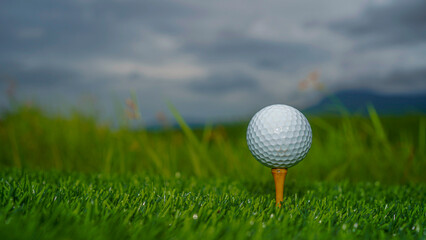 Golf ball on green grass in the evening golf course with sunshine background.