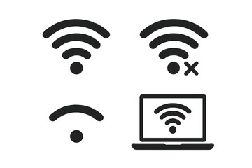 Wi-fi icon set. Wireless network signal strength, no connection, weak signal and laptop computer screen symbols. Vector illustration for web, app and internet design.