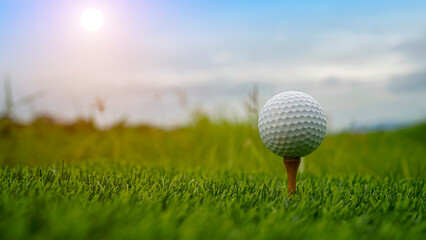 Golf ball on green grass in the evening golf course with sunshine background.