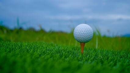 Golf ball on green grass in the evening golf course with sunshine background.