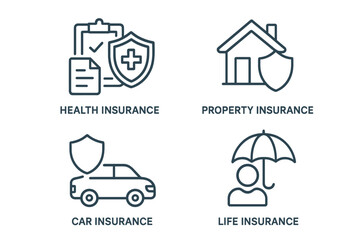 Insurance icon set. Health, property, car, and life insurance line icons. Symbols for protection, security, safety, healthcare, home, auto, and financial planning vector.