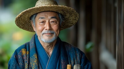 Fototapeta premium Portrait of a friendly Japanese farmer in traditional attire