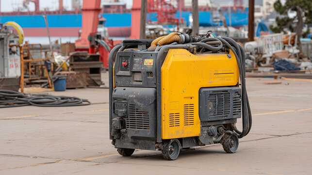 Yellow portable air compressor with dust-covered exterior parked near welding station, hoses coiled and secured, heavy industrial machinery being cleaned and serviced - Powered by Adobe
