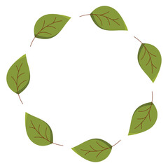 Vector round frame made of green autumn leaves on a white background.