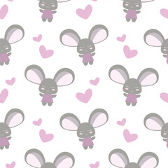 Seamless vector cute pattern with a mouse, bunny and pink hearts on a white background.
