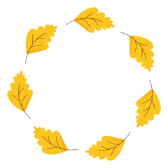 Vector round frame made of yellow autumn leaves on a white background.
