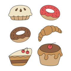 Vector set of confectionery, croissant, cake, pie, donut on a white background.