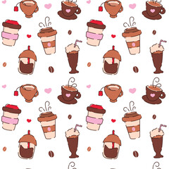 Seamless bright vector pattern of coffee cups, hot drinks, takeaway coffee.