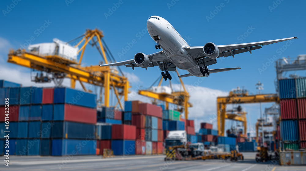 Poster massive cargo plane soars low over bustling container yard, colorful shipping containers stacked in 