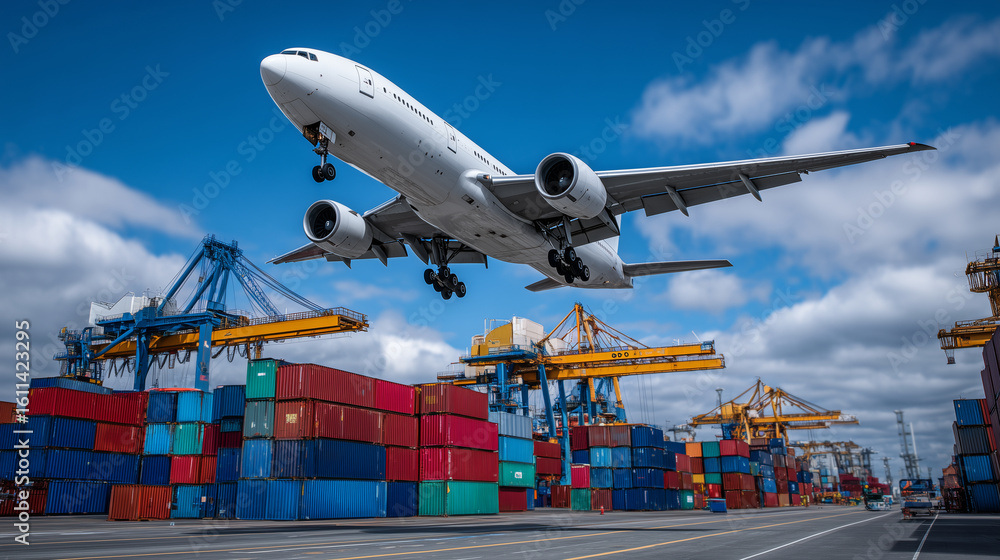 Poster massive cargo plane soars low over bustling container yard, colorful shipping containers stacked in 