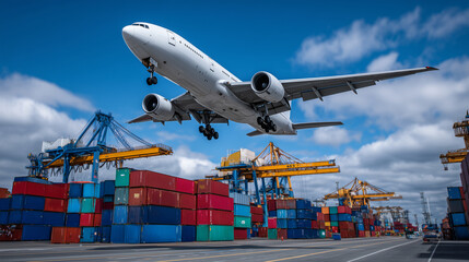 Massive cargo plane soars low over bustling container yard, colorful shipping containers stacked in precise rows, cranes moving containers in synchronized motion under clear blue s